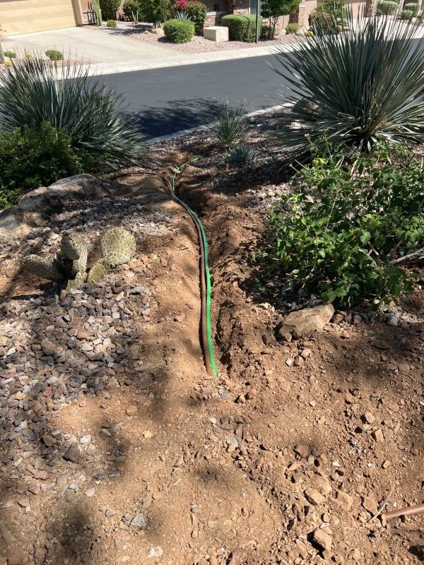 New drip irrigation line trenched into a desert landscape bed